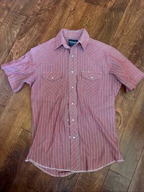 Retro Wrangler Red & White Striped Short-Sleeve  Pearl Snap Western Shirt